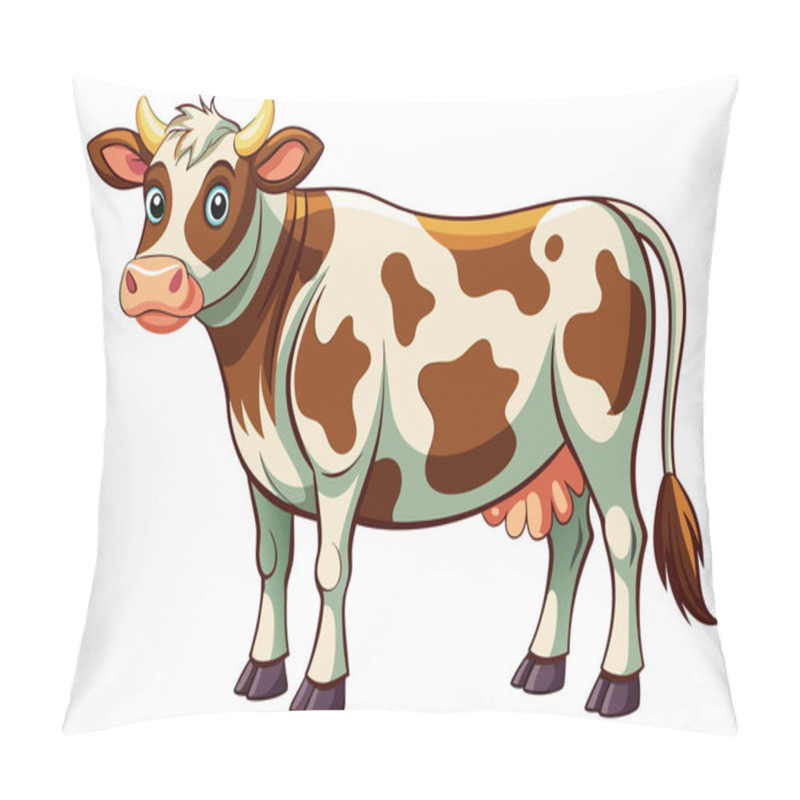 Personality  Cartoon Brown And White Cow With Horns. Farm Animal Illustration. Cute Cow Design. Bovine, Livestock, Rural Life Concept. Isolated On White Background. Pillow Covers