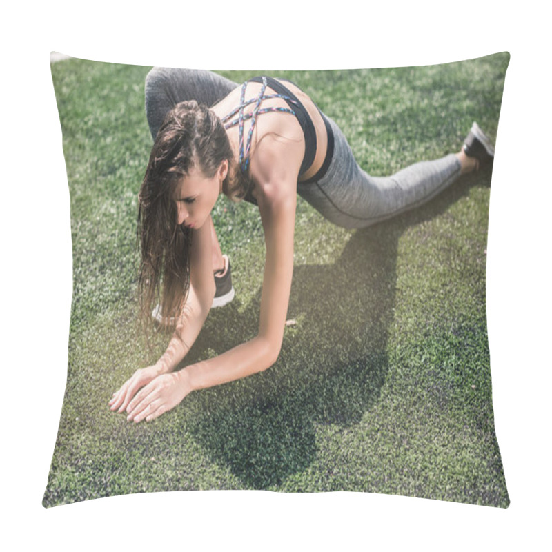 Personality  Woman Stretching On Sports Field Pillow Covers