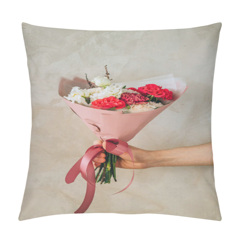 Personality  Bright Summer Bouquet Of Red Roses, Burgundy And White Carnations, White Eustomas In Pink Packaging. Summer Background Pillow Covers