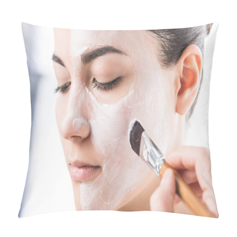 Personality  Cropped Image Of Beautician Applying Cream On Girl Face Isolated On White Pillow Covers