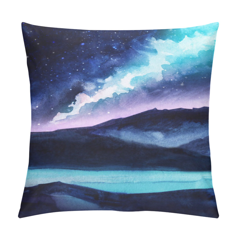 Personality  Night Landscape. Dark Silhouettes Of Mountains. Starry Sky With Northern Lights. Milky Way. Pink And Blue Rays. The Surface Of The Water Or Lake. Mystical Place. Hand-drawn Watercolor Illustration Pillow Covers