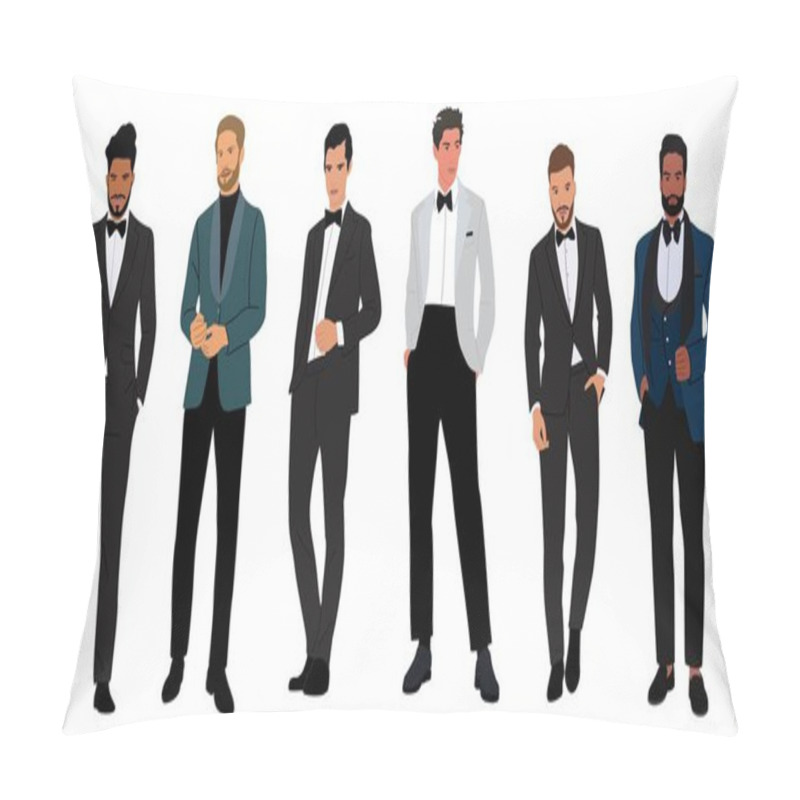 Personality  Set Of Elegant Businessmen Wearing Formal Tuxedo And Bow Tie For Evening Celebration, Event, Christmas, New Year, Wedding, Anniversary. Different Male Characters Isolated On White Background. Pillow Covers