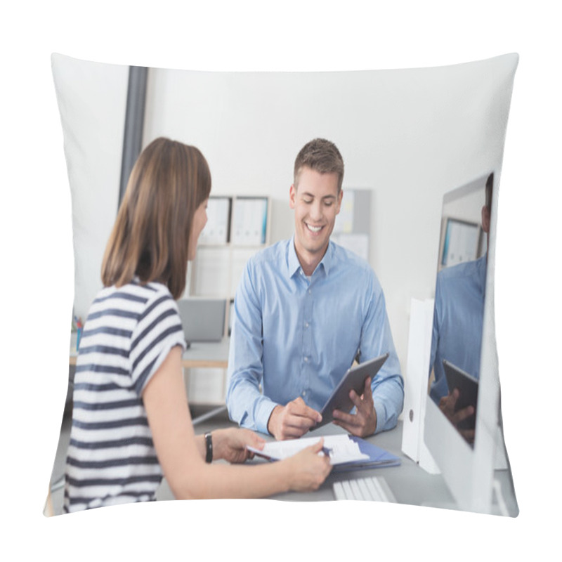 Personality  Happy Business People Talking With Tablet Computer Pillow Covers