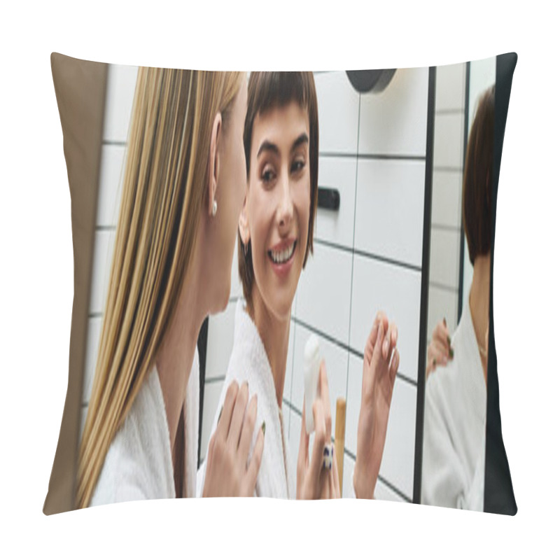 Personality  A Young Woman In A Bathrobe Stands In Front Of A Mirror, Diligently Flossing Her Teeth. Pillow Covers