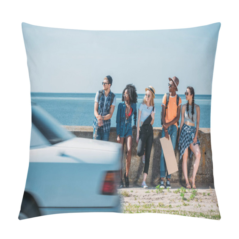 Personality  Multicultural People With Empty Cardboard Hitchhiking Pillow Covers