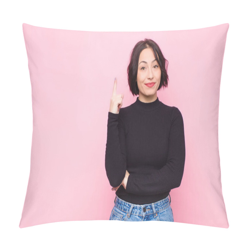 Personality  Young Pretty Woman Feeling Like A Genius Holding Finger Proudly Up In The Air After Realizing A Great Idea, Saying Eureka Against Pink Wall Pillow Covers