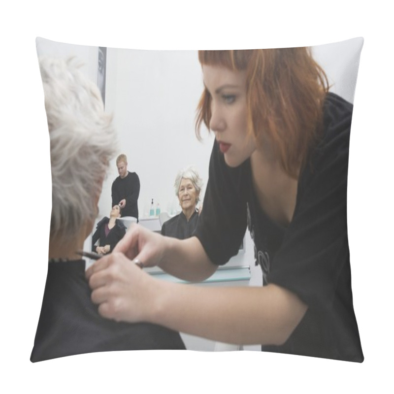 Personality  Stylist Makes Finishing Touches To Elderly Woman's Hair Pillow Covers