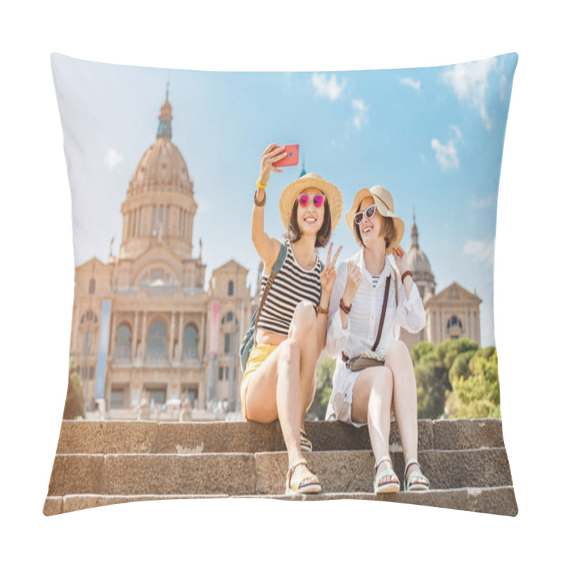 Personality  Two Young Happy Women Tourists Friends Hugging Against The Background Of The National Museum Of Art Near The Plaza Of Spain And The Montjuic Fountain In Barcelona Pillow Covers