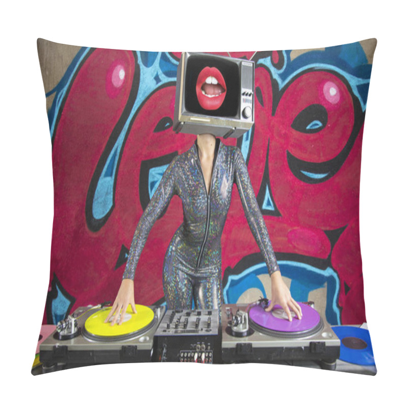 Personality  Tv Head Woman Djing In Front Of The Word Love Graffiti Painted On A Wall Pillow Covers