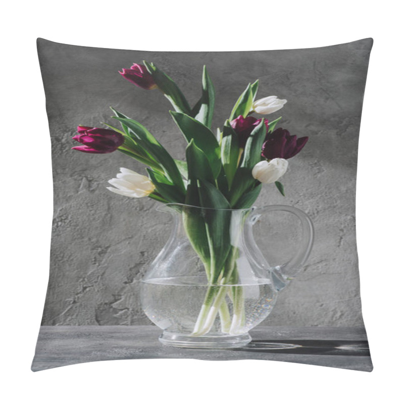 Personality  Fresh Purple And White Tulips In Glass Jug On Grey Surface Pillow Covers