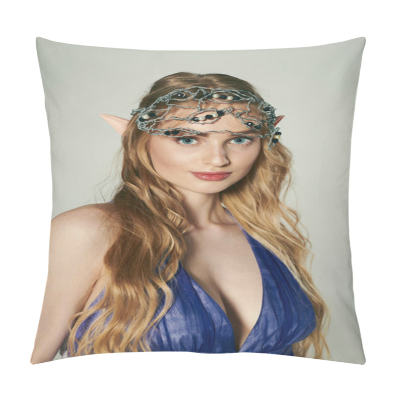 Personality  A Young Woman In A Blue Dress With A Crown On Her Head, Embodying The Essence Of A Fairy Princess In A Mystical, Studio Setting. Pillow Covers