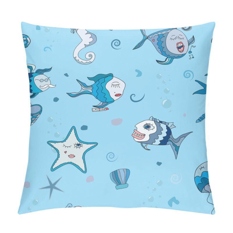 Personality  Seamless Texture With Abstract Fish And Sea World. Fish Sing And Smile Pillow Covers