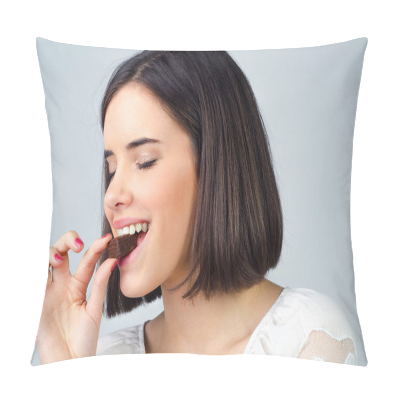 Personality  Portrait Of The Beautiful Girl Eating Chocolate Cookies Isolated Pillow Covers