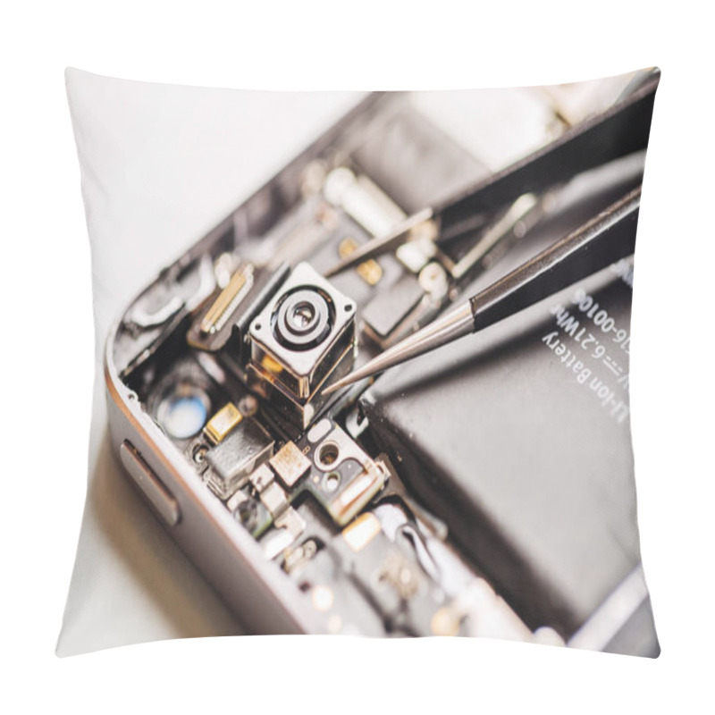 Personality  Repairing Damaged Smart Phone In Service Center. Closeup Pillow Covers