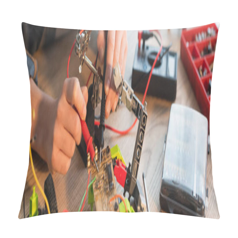 Personality  Cropped View Of Child Making Robotic Model With Millimeter At Home, Banner  Pillow Covers