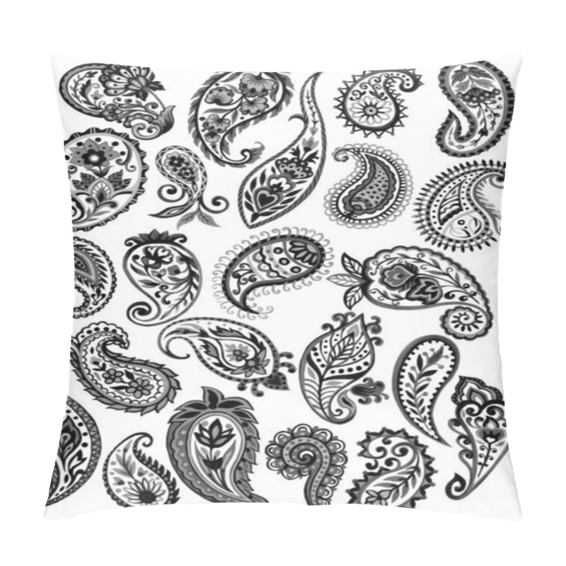 Personality  Set Of Paisley Eastern Outline Flower And Feather Mandala Folk Henna Tattoo Blackelements On White Background Hand Painting Pillow Covers