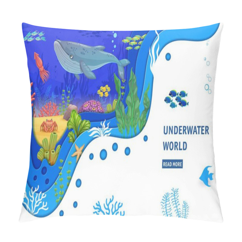 Personality  Landing Page, Cartoon Whale, Fish Shoal And Sea Paper Cut Landscape. Vector Web Banner With Underwater World Animals, Squid, Crab, Tropical Seaweeds And Coral Reefs. Ocean Biodiversity 3d Papercut Art Pillow Covers