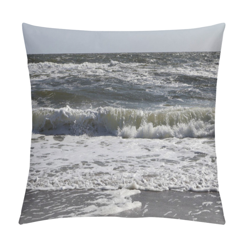 Personality  Dynamic Waves Crashing On The Sandy Shoreline Under The Bright Daylight, Showcasing The Raw Power Of Nature. Pillow Covers