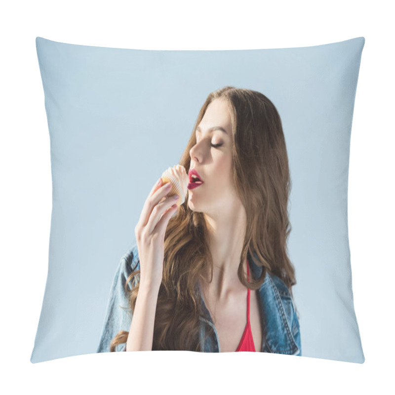 Personality  Seductive Woman Eating Cupcake With Closed Eyes Isolated On Grey Pillow Covers