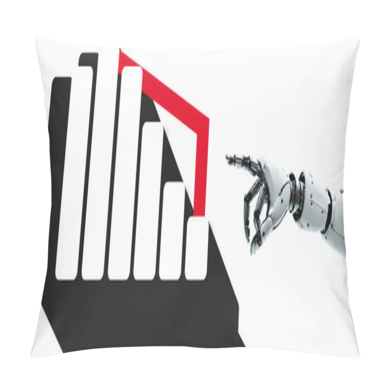 Personality  Bar Chart With Downtrend, Silhouette In Flat Style, Robot Arm With Hand Pointing, AI Technology, White Humanoid Android, Artificial Intelligence, Autonomous Robot Design Pillow Covers