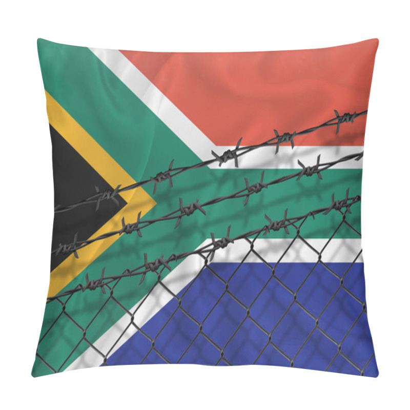 Personality  Developing South Africa Flag, Mesh Fence And Barbed Wire. Concept Of Isolation Of Emigrants. With Place For Your Text. Pillow Covers