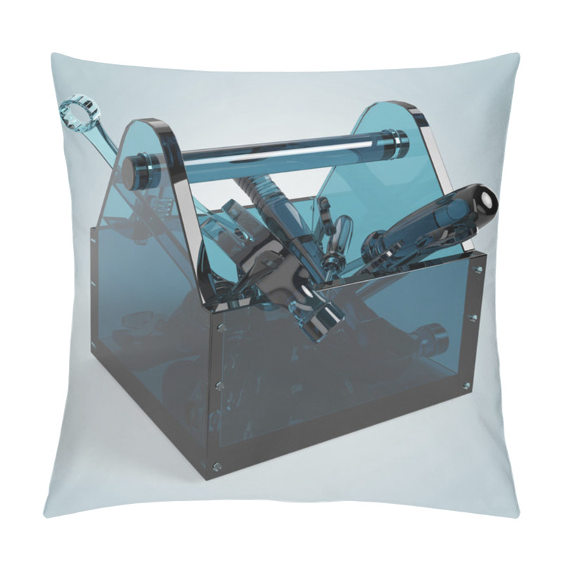 Personality  Blue Glass Toolbox With Sapphire Tools Inside, Wrench, Spanner, Hammer, Screwdriver. High Quality Rendering. Illustration For Service Security, Transparency,  Tech Maintenance. Pillow Covers