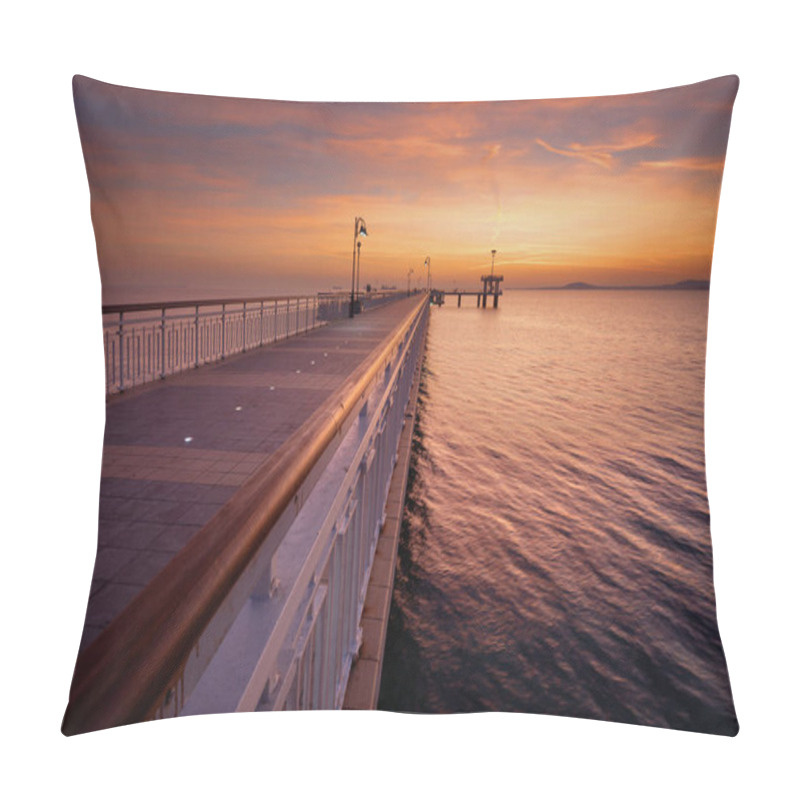 Personality  Dramatic Sunrise On The Beach In Burgas, Bulgaria. Sunrise On The Burgas Bridge. Bridge In Burgas - Symbol Of The City. Pillow Covers