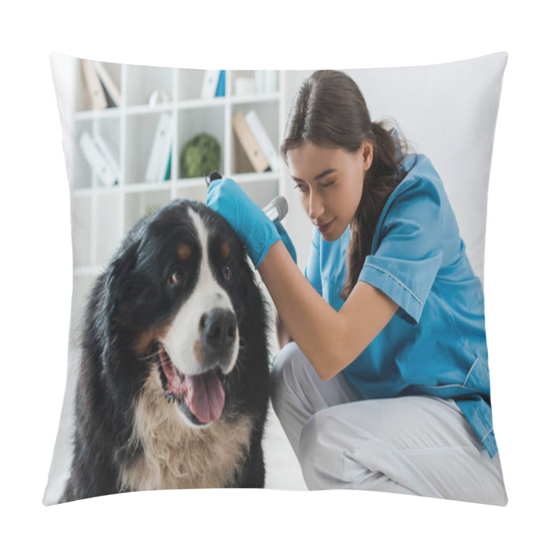 Personality  Young, Attentive Veterinarian Examining Ear Of Berner Sennenhund Dog With Otoscope Pillow Covers