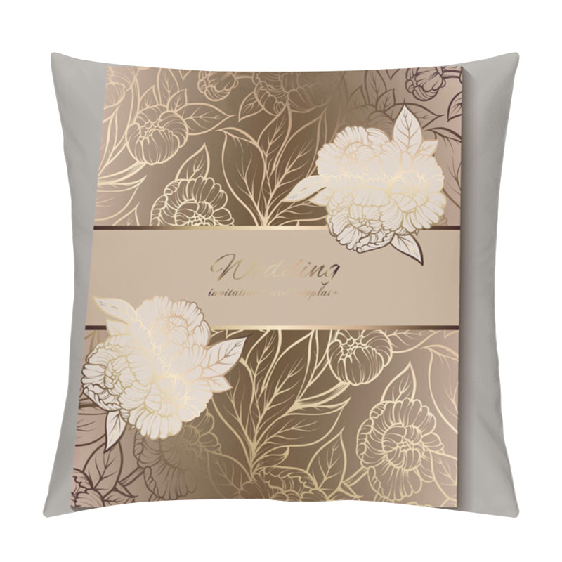 Personality  Exquisite Royal Luxury Wedding Invitation, Gold Floral Background With Frame And Place For Text, Lacy Foliage Made Of Roses Or Peonies With Golden Shiny Gradient. Pillow Covers