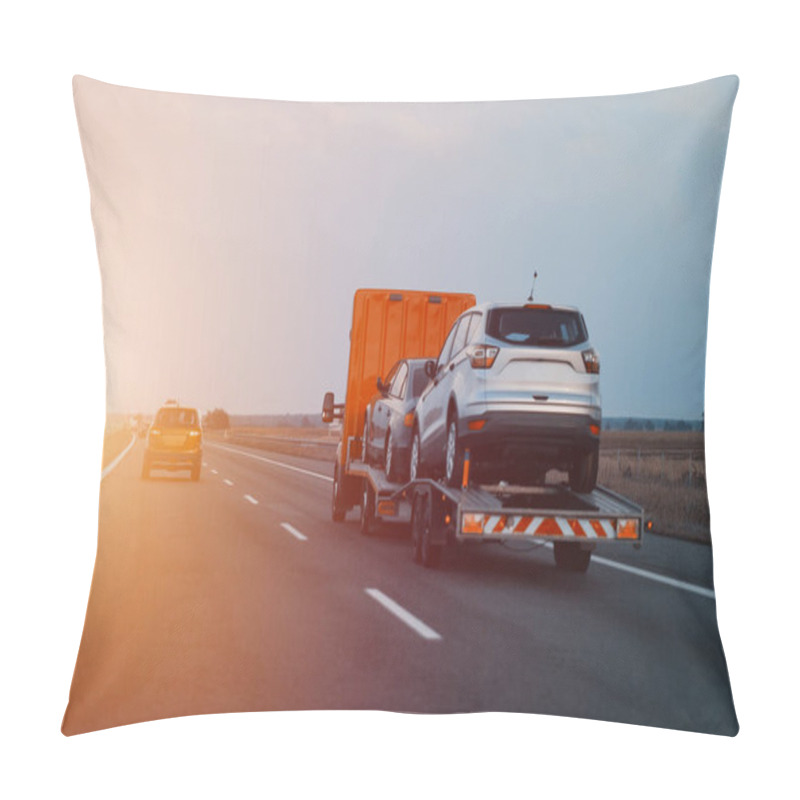 Personality  A Tow Truck With Brand New Cars For Sale. New Car Delivery And Shipping. Car Transporter Trailer Loaded With New Vehicles For The Customers.  Pillow Covers