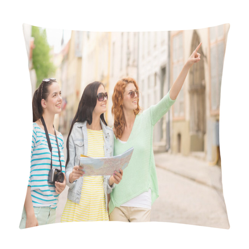 Personality  Smiling Teenage Girls With Map And Camera Pillow Covers