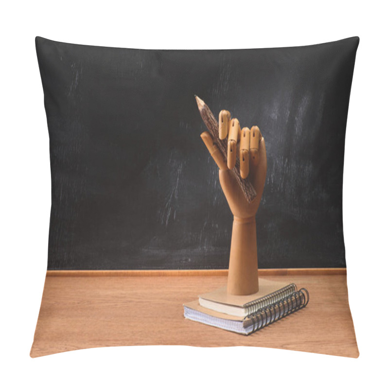 Personality  Close Up View Of Textbooks Under Wooden Hand Holding Pencil On Desk In Front Of Chalkboard In School  Pillow Covers