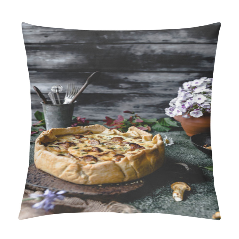 Personality  Delicious Pie With Mushrooms And Potted Flowers On Wooden Table Pillow Covers