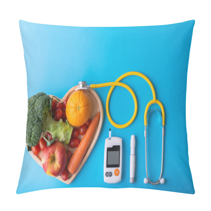 Personality  Diabetes Monitor, Diabetic Measurement. World Diabetes Day Concept With Clean Fruits In Nutritionist's Heart Dish.Yellow Stethoscope Check Fruit On Heart Plate Pillow Covers