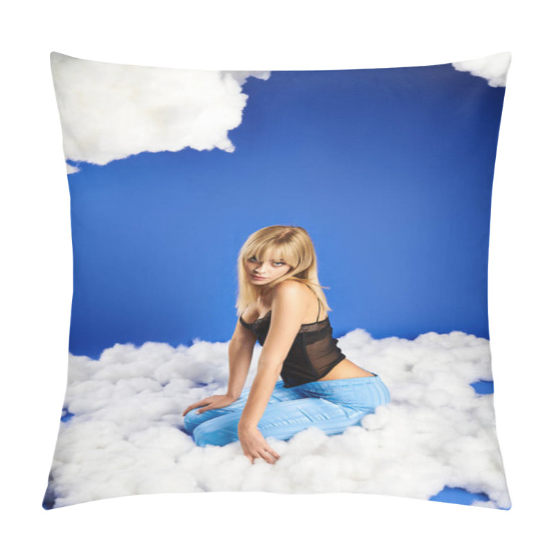 Personality  Blonde Woman In Vibrant Attire Sitting Atop A Bed Of Clouds Against A Blue Sky Backdrop. Pillow Covers