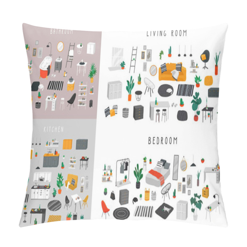 Personality  Set For Badroom With Stylish Comfy Furniture And Modern Home Decorations In Trendy Scandinavian Or Hygge Style. Cozy Interior Furnished Home Plants For Sleeping Pillow Covers