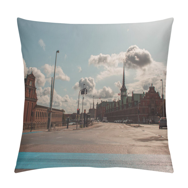 Personality  Urban Street With Facade Of Borsen Building And Cloudy Sky At Background In Copenhagen, Denmark  Pillow Covers