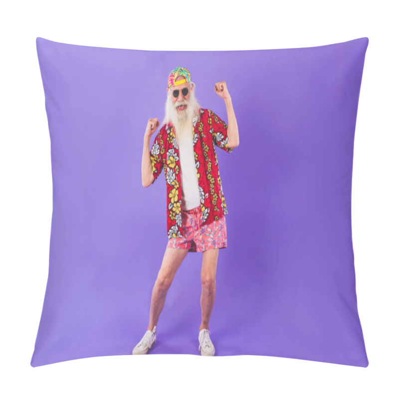 Personality  Senior Man With Eccentric Look  - 60 Years Old Man Having Fun, Portrait On Colored Background, Concepts About Youthful Senior People And Lifestyle Pillow Covers