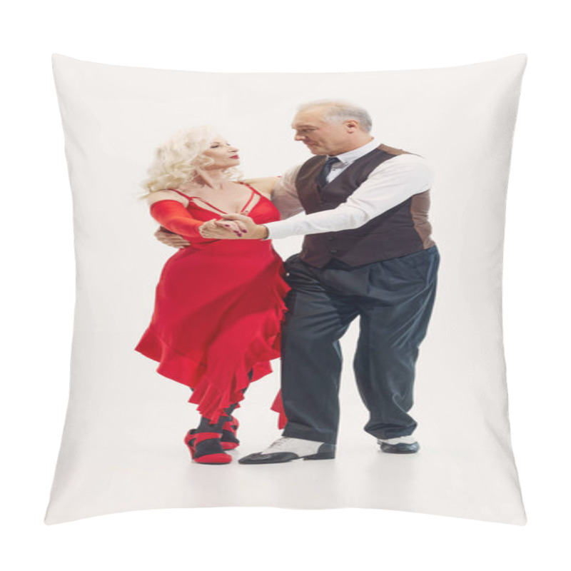 Personality  Romantic Anniversary. Elderly Beautiful Woman And Handsome Man In Red Dress And Black Suit, Dancing Tango Isolated On White Background. Concept Of Retro Dance, Hobby, Aging, Active Lifestyle Pillow Covers