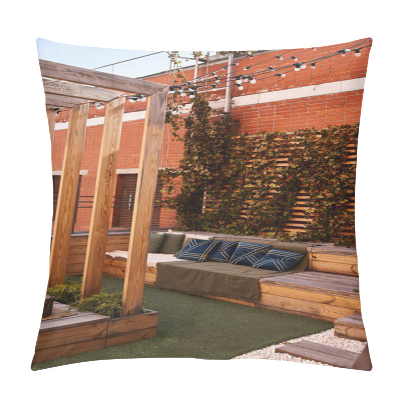 Personality  A Solitary Wooden Bench Rests Peacefully Beside A Sturdy Brick Building Under The Suns Warm Rays Pillow Covers