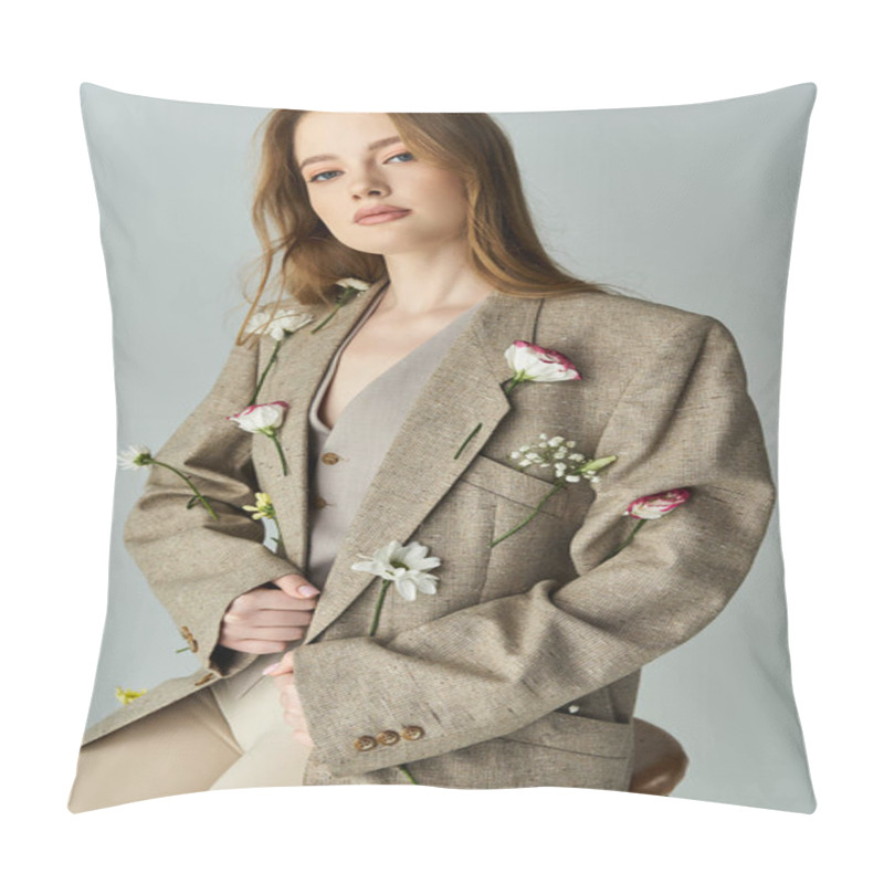 Personality  A Young Woman Elegantly Poses With Flowers In Her Stylish Outfit. Pillow Covers