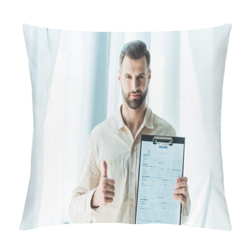 Personality  Handsome Bearded Man Showing Thumb Up And Holding Clipboard With Resume Letters  Pillow Covers