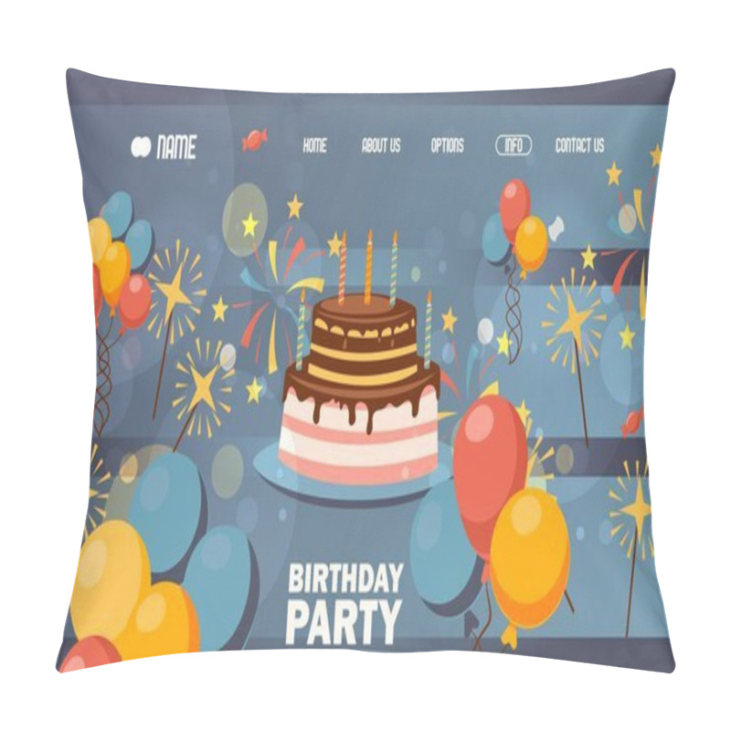 Personality  Happy Birthday Website Page Design, Vector Illustration. Background For Landing Page Template, Decorated With Birthday Cake, Balloons And Fireworks Pillow Covers