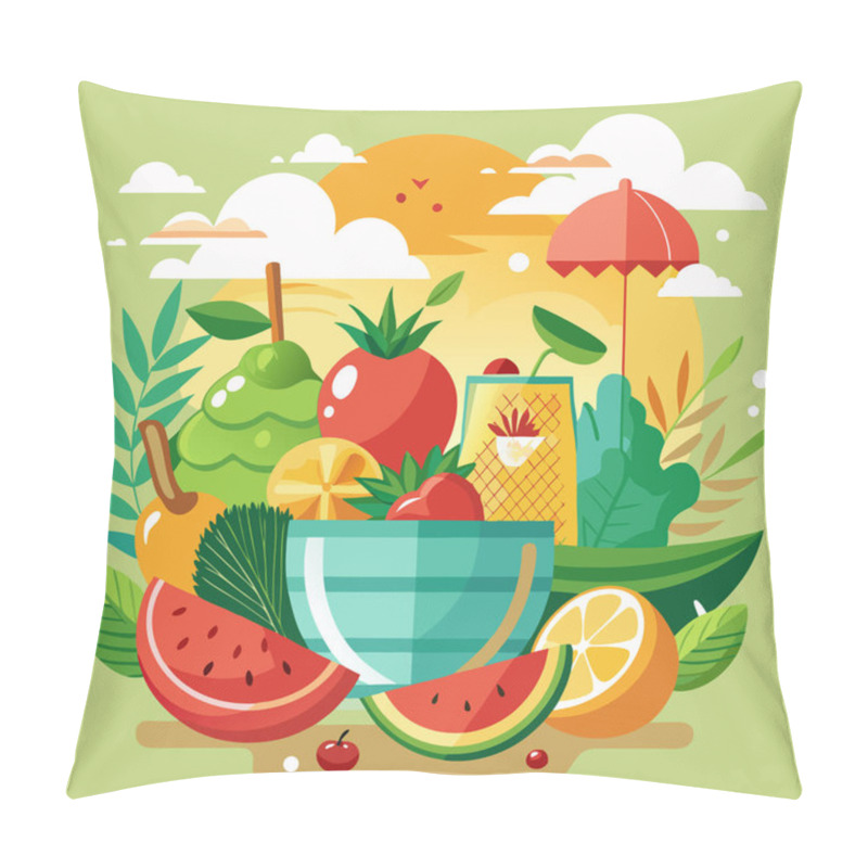 Personality  Summer Fresh Vector Art With Tropical Fruits And Beach Scene Pillow Covers