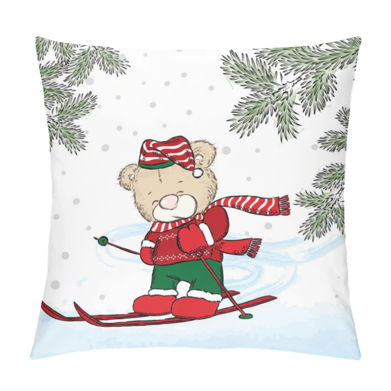 Personality  Cute Bear Skiing. Vector Illustration For A Card Or Poster. Print On Clothes. New Year's And Christmas. Cute Bear On Winter Vacation. Pillow Covers