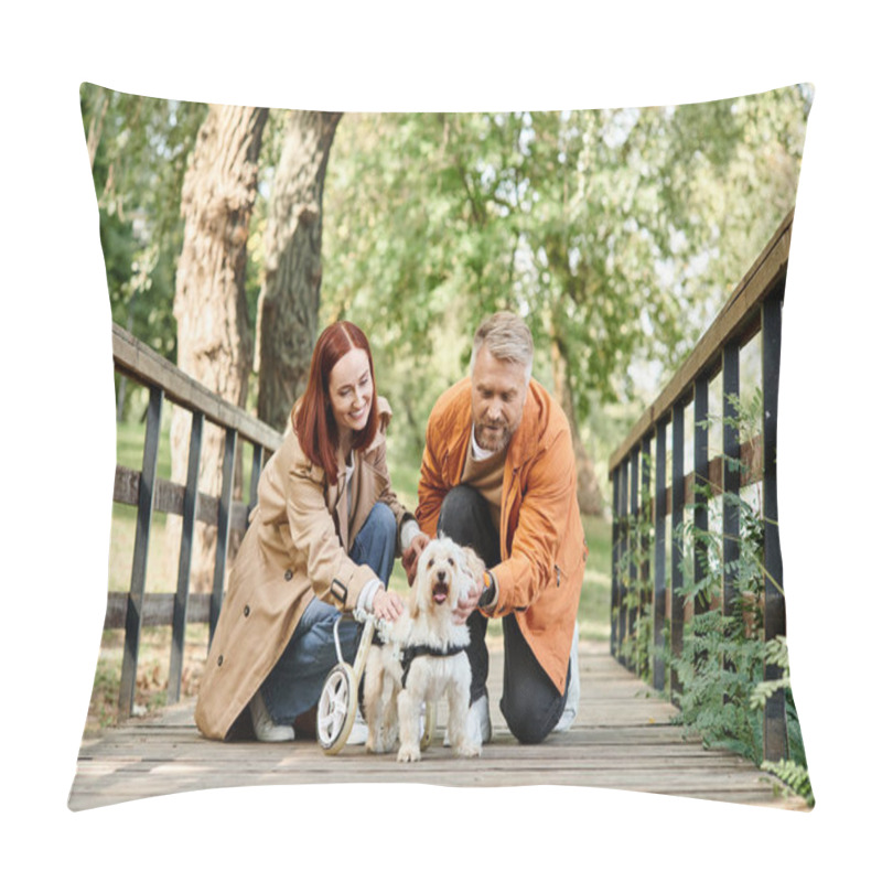 Personality  A Man And Woman Kneel Down With Two Dogs In A Park. Pillow Covers