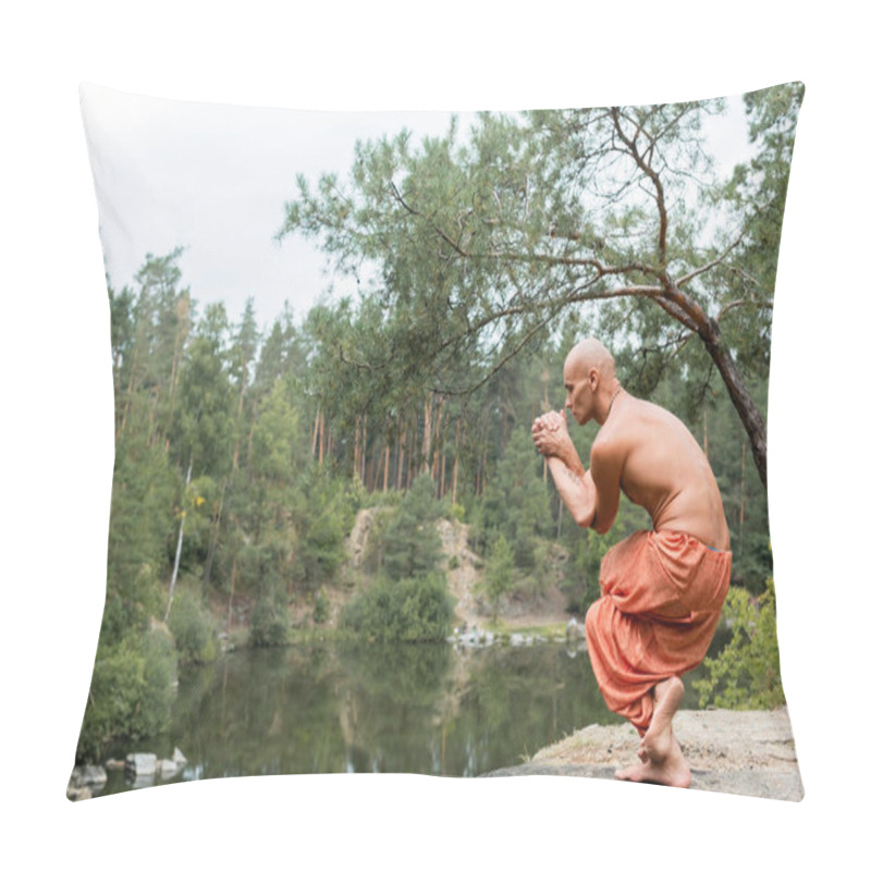 Personality  Shirtless Buddhist Meditating In Yoga Pose In Forest Over River Pillow Covers