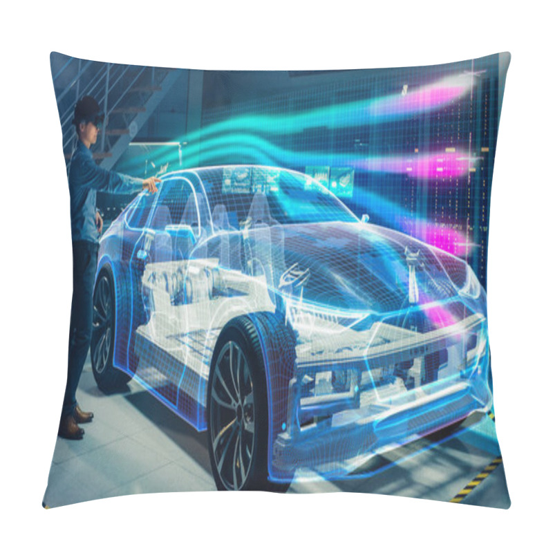 Personality  Engineer Wearing Augmented Reality Headset Working On New Electric Car Chassis Platform. 3D Graphics Visualization Virtual Model Of A Vehicle Is Tested In Digital Wind Tunnel. Pillow Covers