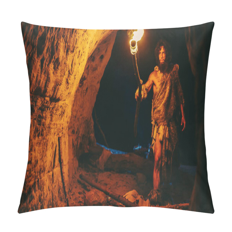 Personality  Primeval Caveman Wearing Animal Skin Exploring Cave At Night, Holding Torch With Fire Looking At Drawings On The Walls At Night. Neanderthal Searching Safe Place To Spend The Night Pillow Covers