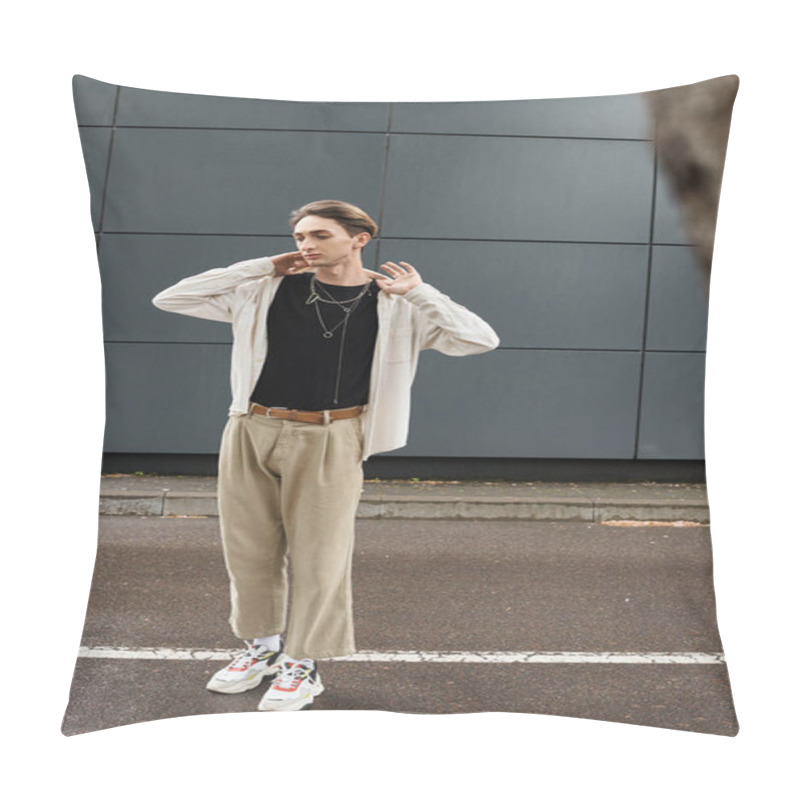 Personality  A Young Queer Person In A Stylish Tan Shirt And Pants Standing Confidently On A City Street. Pillow Covers